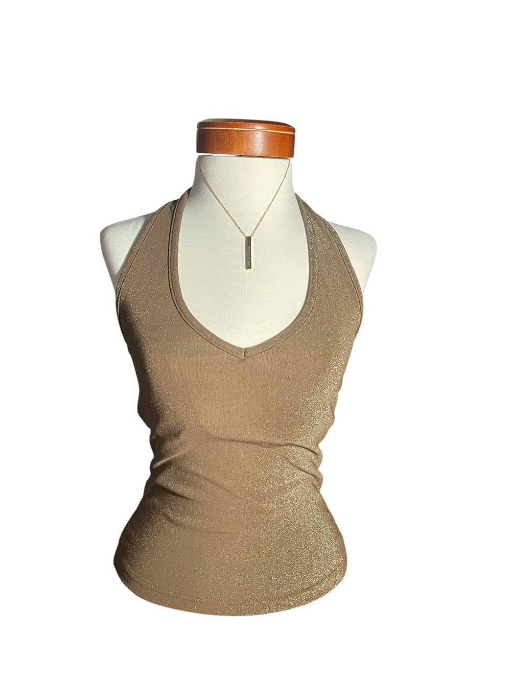 A. BYER California Y2K Gold Sparkling‎ Mesh Halter Top